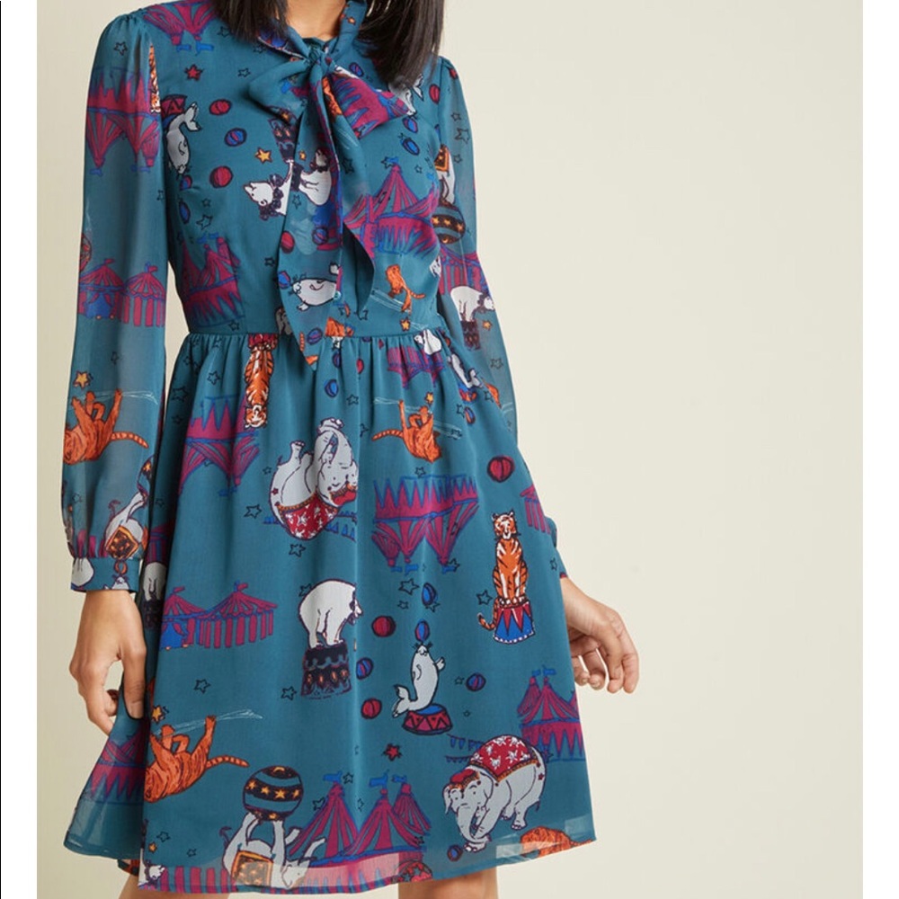 ModCloth Chiffon Tie Neck Circus Shirt Dress